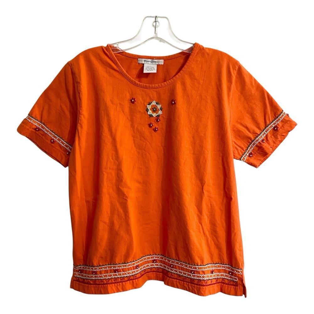 Moving Bleu T shirt Women Sz Large Orange Embroidered Vintage Boho Hippie Indie